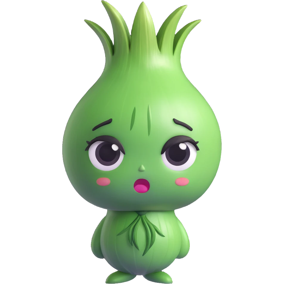 pastel kawaii 3D chibi green onion character, round white body, large expressive eyes, green leafy hair, humorous crying face with dramatic onion juice tears, silly expressive pose, smooth soft textures, high quality lighting, transparent background emoji