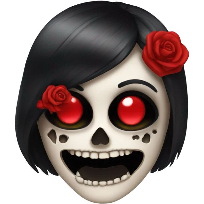 Skull with black hair and red lipstick emoji