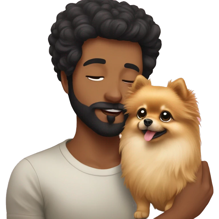
Pomeranian lulu kissing his human owner with black hair and thin beard emoji