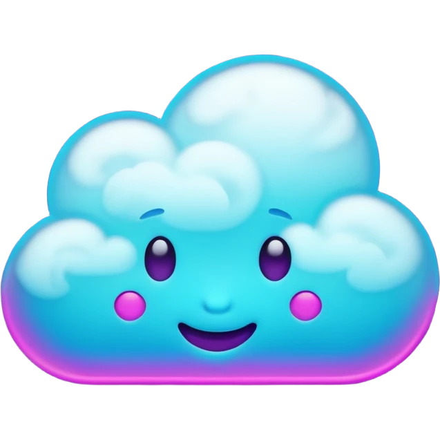 Small cloud with multiple emoji-style expressions (happy, sleepy, mischievous), glowing purple/cyan neon, playful aesthetic. emoji