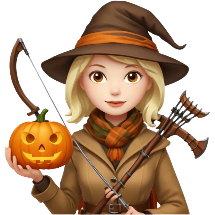 female human monster hunter emoji, wearing brown coat and hat, holding crossbow, soft smile, scarf, glowing pumpkin by her side, Halloween fantasy style, clean vector Apple emoji look, bright colors, white background, square emoji