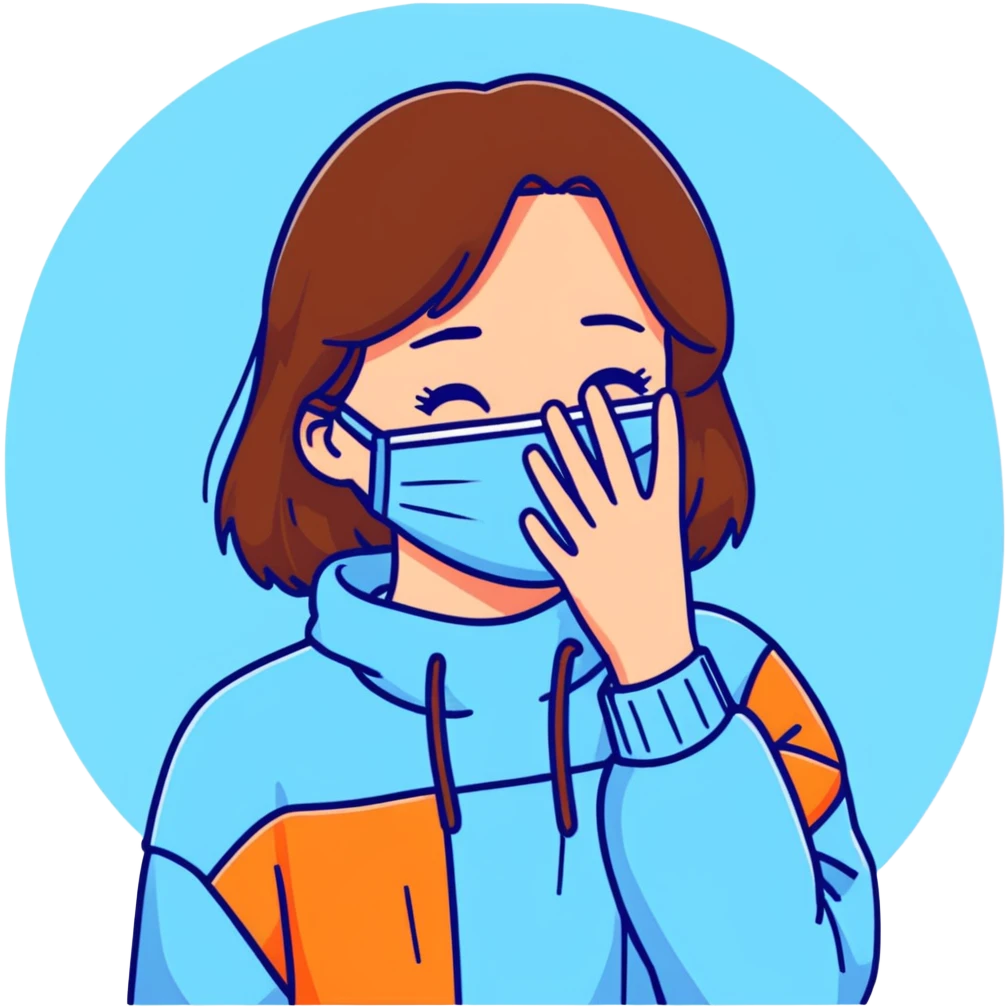 brunette girl with brown hair wearing pastel blue clothes covering her face with her hand emoji
