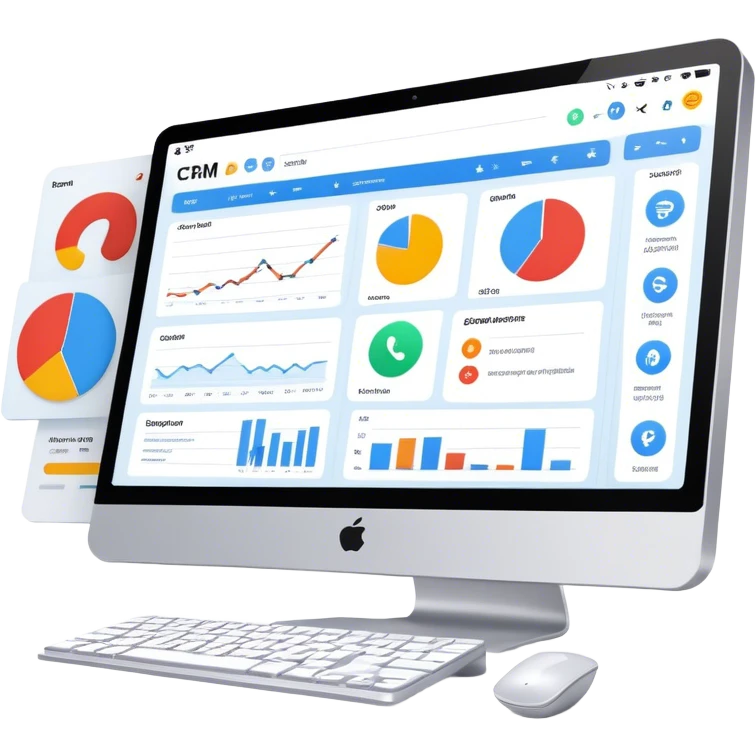 A digital CRM system interface with charts, contacts, messages, and analytics on a computer screen emoji