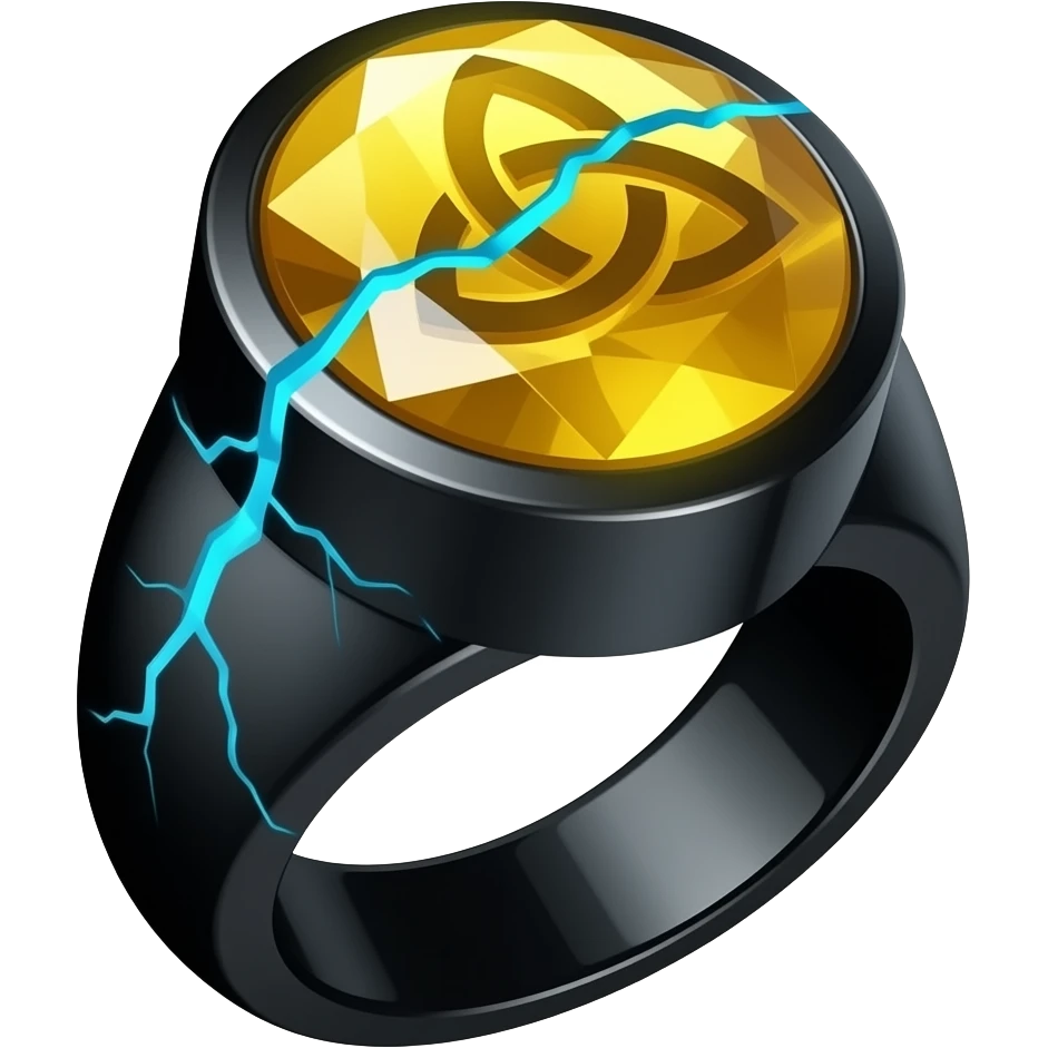A obsidian ring with a BIG yellow gem, that has a triquetra carved into it, and a crack goin through it glowing light blue emoji