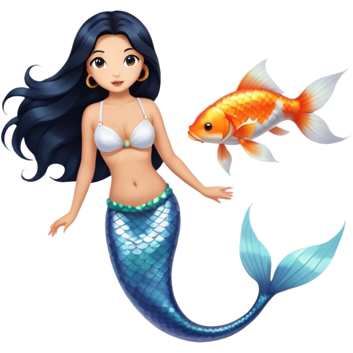 mermaid, long black hair tanned woman, koi fish tail, white shell bra, full body emoji