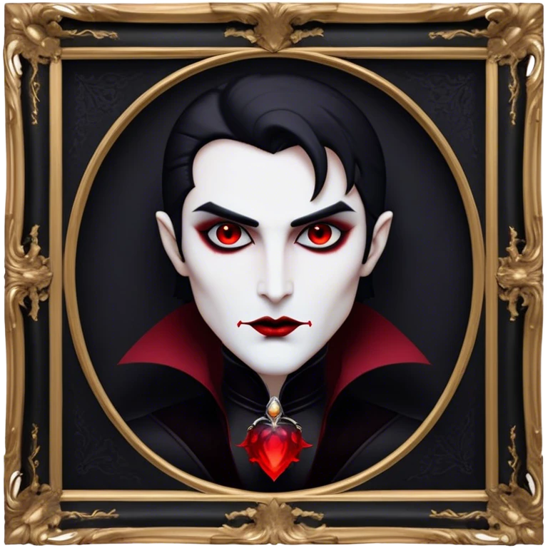 Cinematic Noble Vampire Portrait Emoji, Elegant and commanding, with a refined, pale visage framed by dark, velvet accents and a hint of crimson, exuding timeless seduction and dangerous allure, simplified yet exquisitely detailed, glowing with a soft nocturnal radiance and a subtle, mysterious outline that captures the regal spirit of an immortal lord of the night! emoji