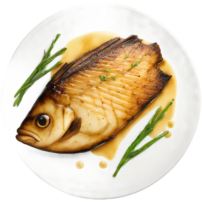 grilled fish fillet with brown butter sauce on white plate emoji
