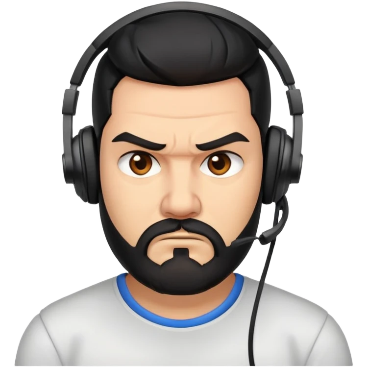 Furious man with furrowed brows, scowling face, black hair, brown eyes, black beard wearing a gaming headset emoji