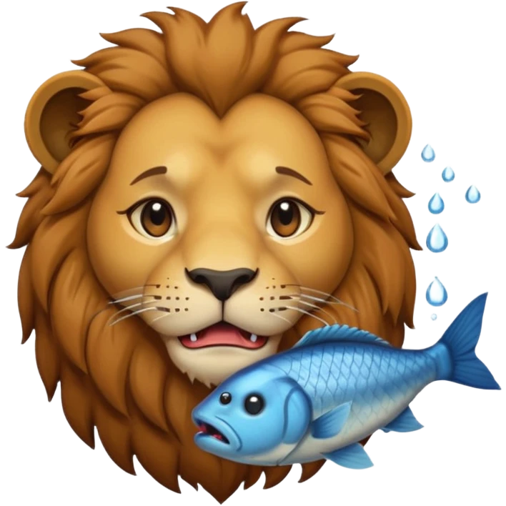  A lion eating a fish, feeling sad, cry, portrait, bust up emoji