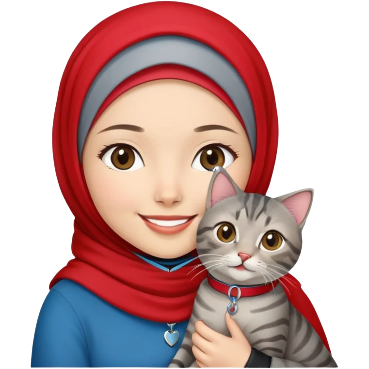 Asian White girl wearing red hijab holding a black grey tabby cat while smiling. The cat is wearing blue collar emoji