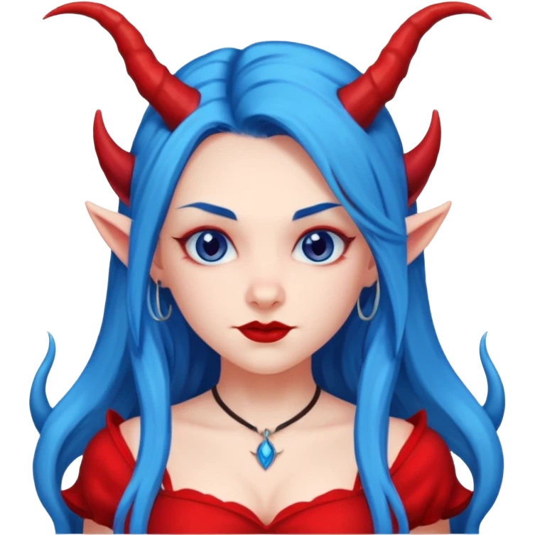 Female devil with long blue hair and horns,  cute face, half body emoji