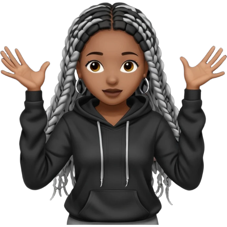 African American girl dark skin with long black box braids wearing plain black hoodie with hands dancing emoji
