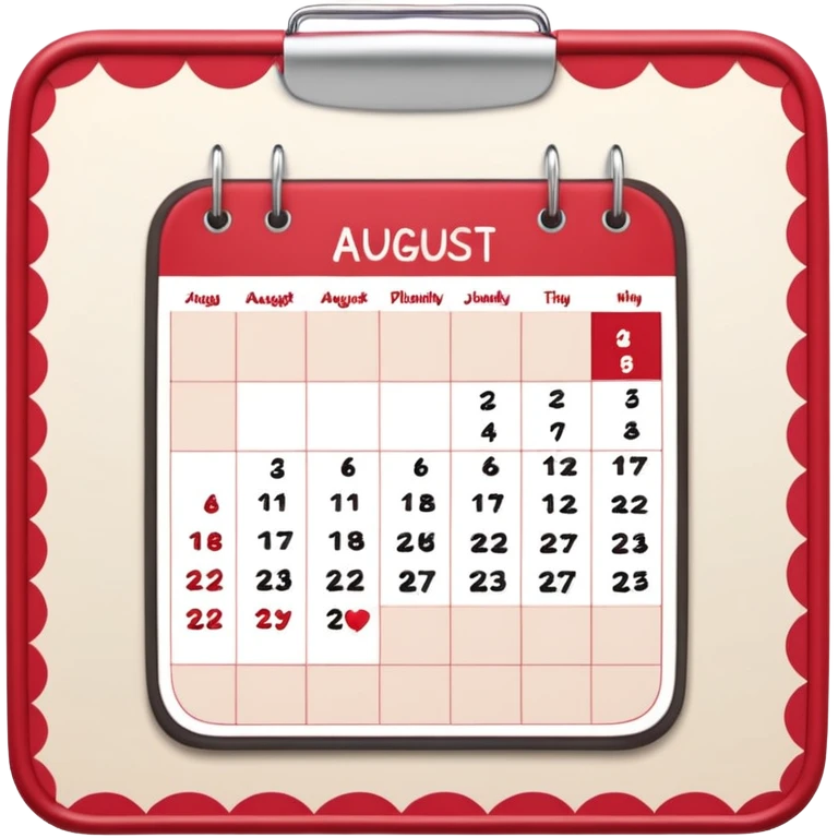 a monthly calendar labeled “August,” with rounded square date boxes, scalloped border frame, playful red doodle lines, and a cozy planner vibe. Minimal kawaii style, flat pastel color palette, slightly imperfect sketch lines, centered object, no background emoji