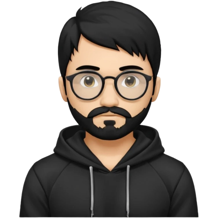 Man, hispanic skin, black hair, black beard, black mustache black eyes black t hoodie, small nose, long emo hair, muscular , round glasses emoji