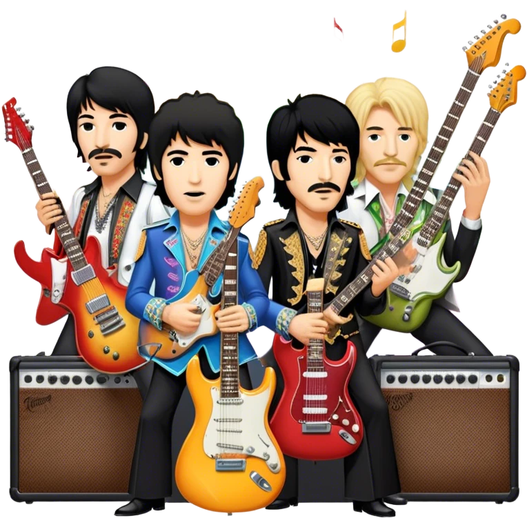 Rock music icon: collage of legendary rock stars—The Beatles, Jimi Hendrix, Elvis Presley, Queen, Nirvana, Led Zeppelin. Electric guitars, amplifiers, and microphones surrounded by vibrant stage lights and musical notes. Transparent background. emoji