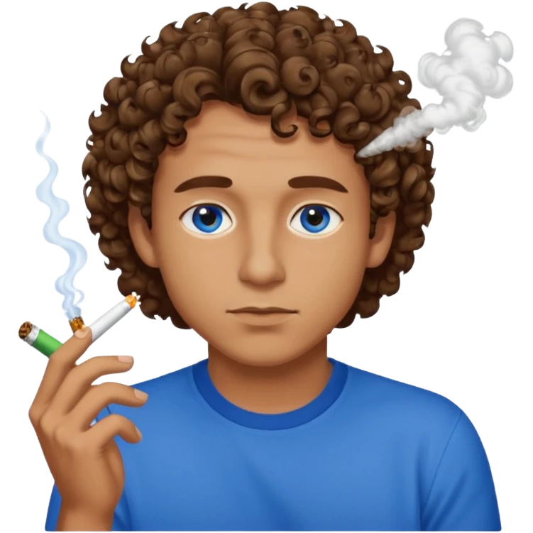 Guy with short curly brown hair and blue eyes smoking a joint emoji