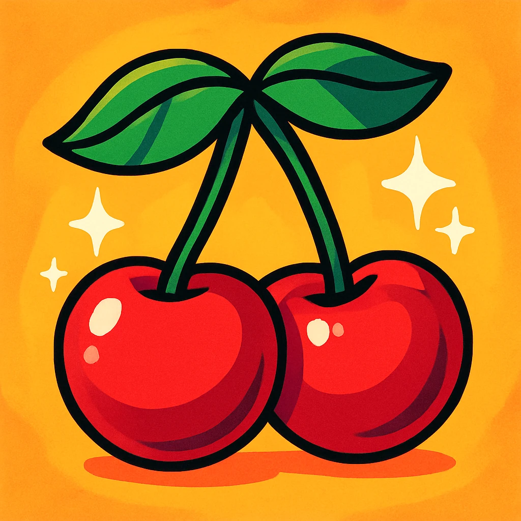two cherries with green leaves, connected by stems, vibrant toon style, depth, playful colorful look, sparkle effect around the cherries emoji