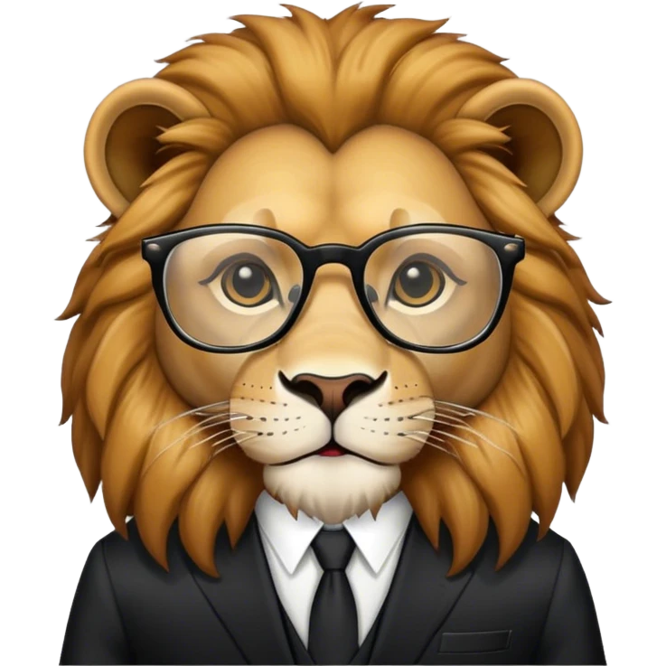un animal con vestimenta de terno negro y sus lentes de estudio, un animal tierno y que sea el rey de la selva emoji