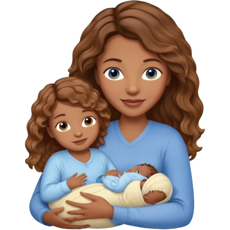 Light brown wavy haired mom and blue eyeswith brown skinned newborn baby emoji