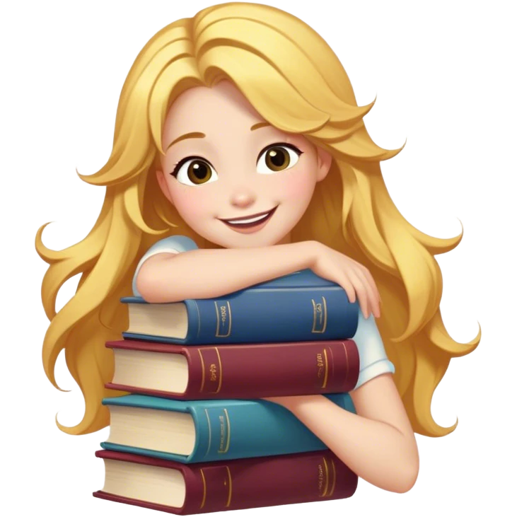 Cinematic Adorable Belle Portrait Emoji, Giggling as she hugs a stack of books, eyes twinkling with excitement, golden hair tousled slightly, a perfect mix of beauty and endearing nerdiness! emoji