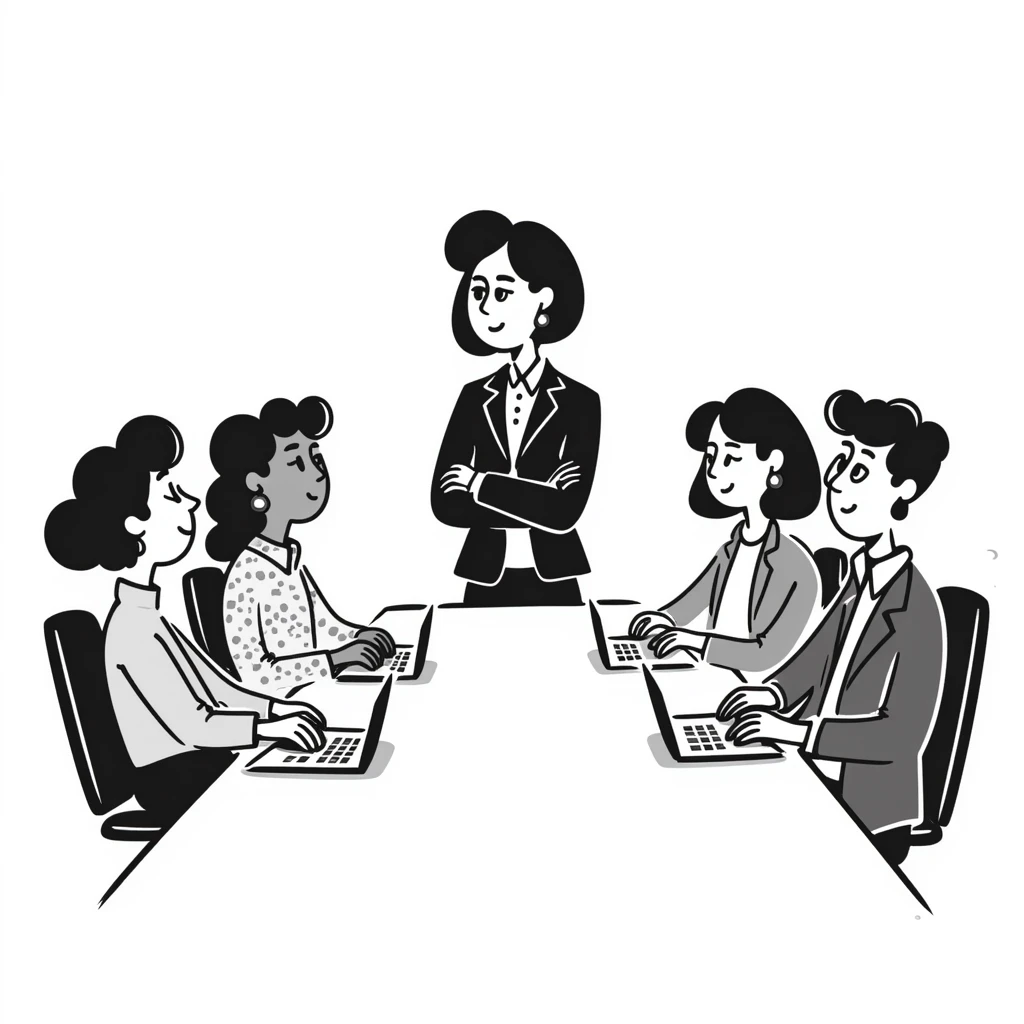 Executive employer at head of meeting table with team emoji
