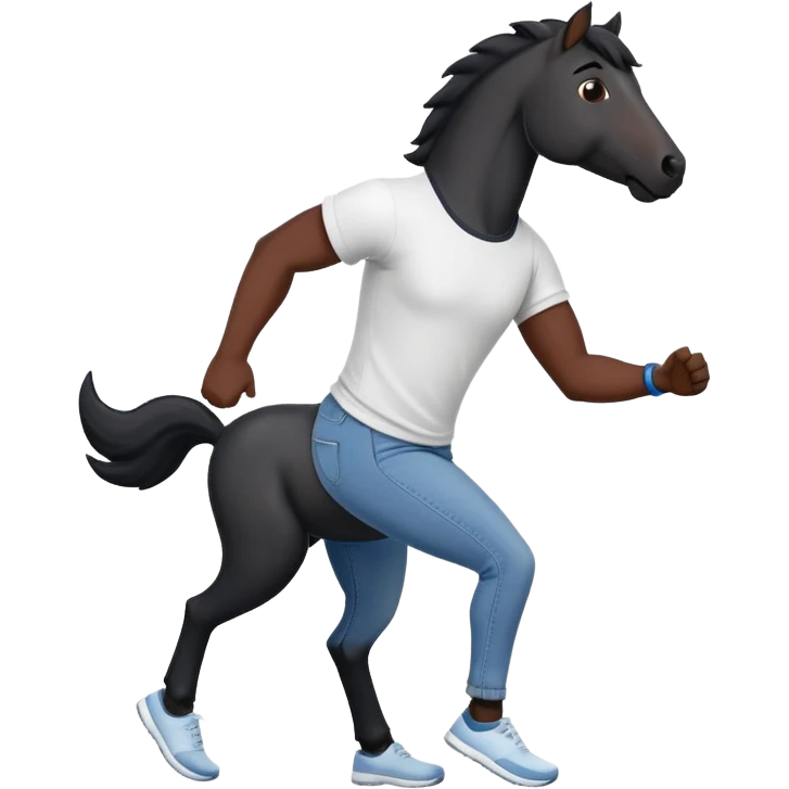 friendly anthropomorphised black stallion in jeans and a t-shirt, jogging upright in relaxed pose emoji