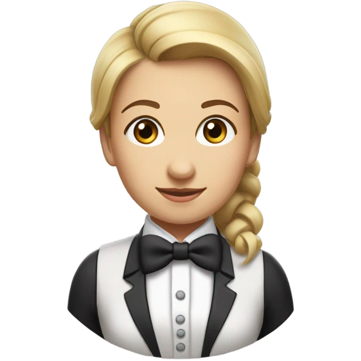 a female butler with a professional and elegant demeanor. She has her hair neatly tied in a ponytail and wears a classic butler uniform, including a tailored vest, crisp white shirt, and bow tie. emoji