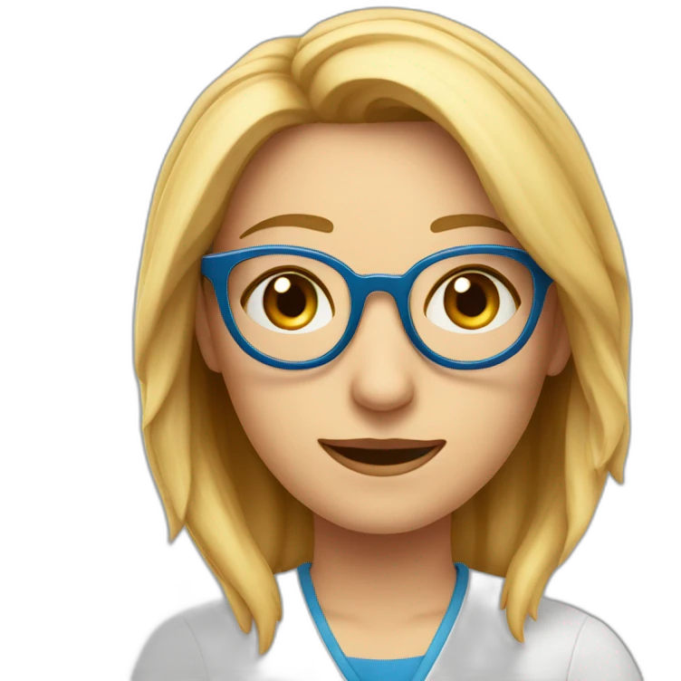 Leona mayor, rubia canosa, ojos azules, con lentes muy Rojo redondos, alegre emoji