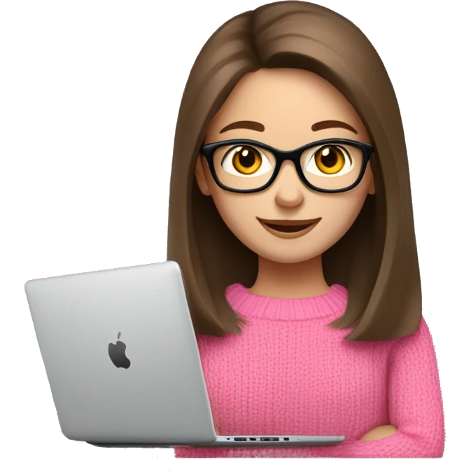 Russian smile Girl with straight brown hair and black glasses frame and in pink sweater working behind laptop emoji
