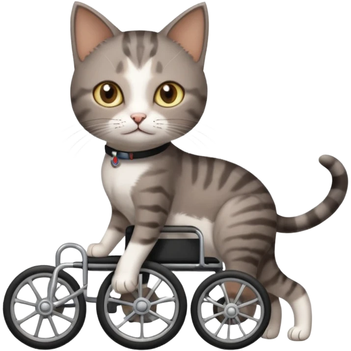 full body small short hair dark brown and white cat with hazel eyes walking in a wheelchair for cats emoji