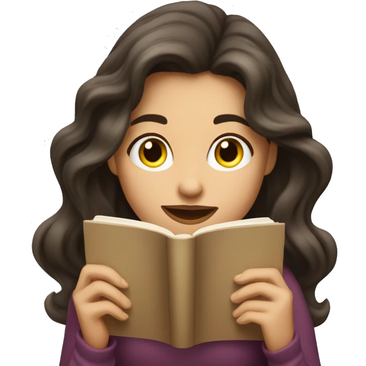 brunette long wavy hair woman biting lip while holding and reading book emoji