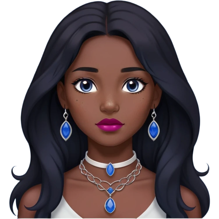 woman katara dark skin freckles dark black long hair reddish pink lipstick choker necklace with sapphire pendant emoji