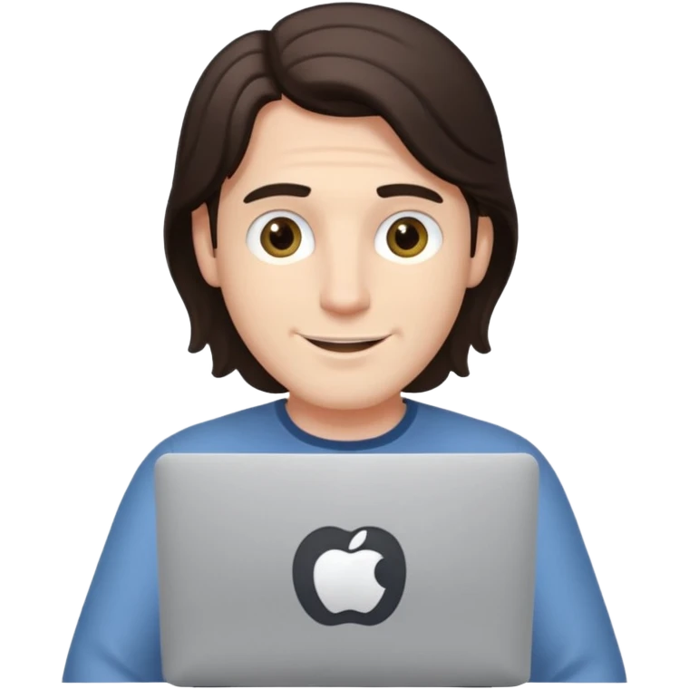 A white brunette man in his mid 20s, middle part average dude with slightly droopy eyes, happy, using a MacBook (no logo), hero for an iOS developers website emoji