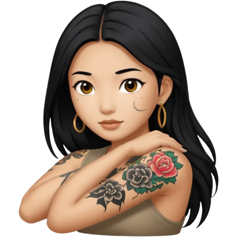 Asian insta-girl with long black hair arm tattoos emoji