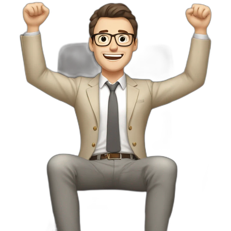 Joyful Celebrating victory Hands up Pale skinned Fit Man With dark brown hair in gray jacket, beige office shirt, Brown pants and vintage glasses sitting In a soft chair emoji