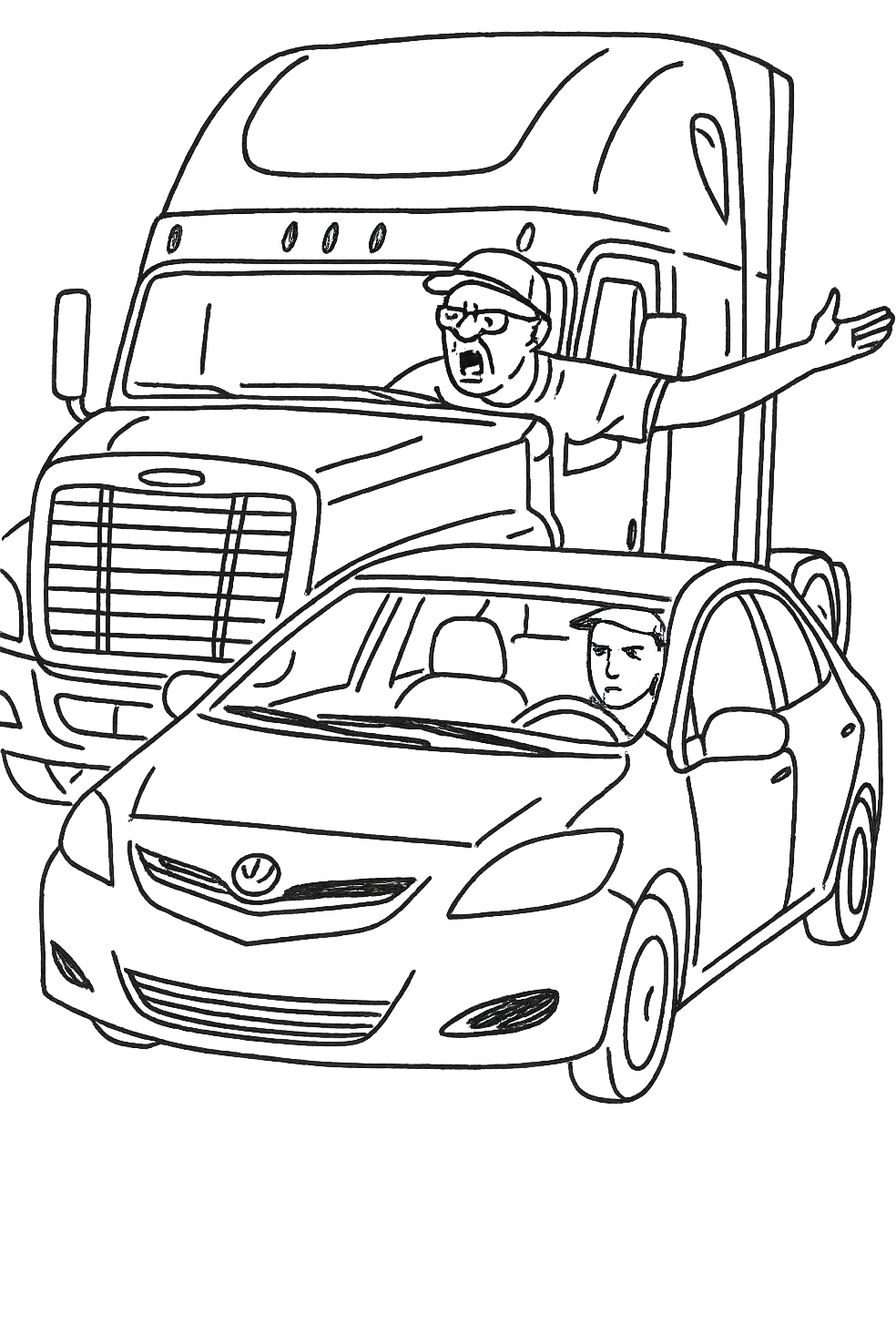 Remove the background to make the image transparent. Keep the angry, bald truck driver with glasses, orange shirt, and baseball cap, arm out the window, and a person in the car in front. emoji