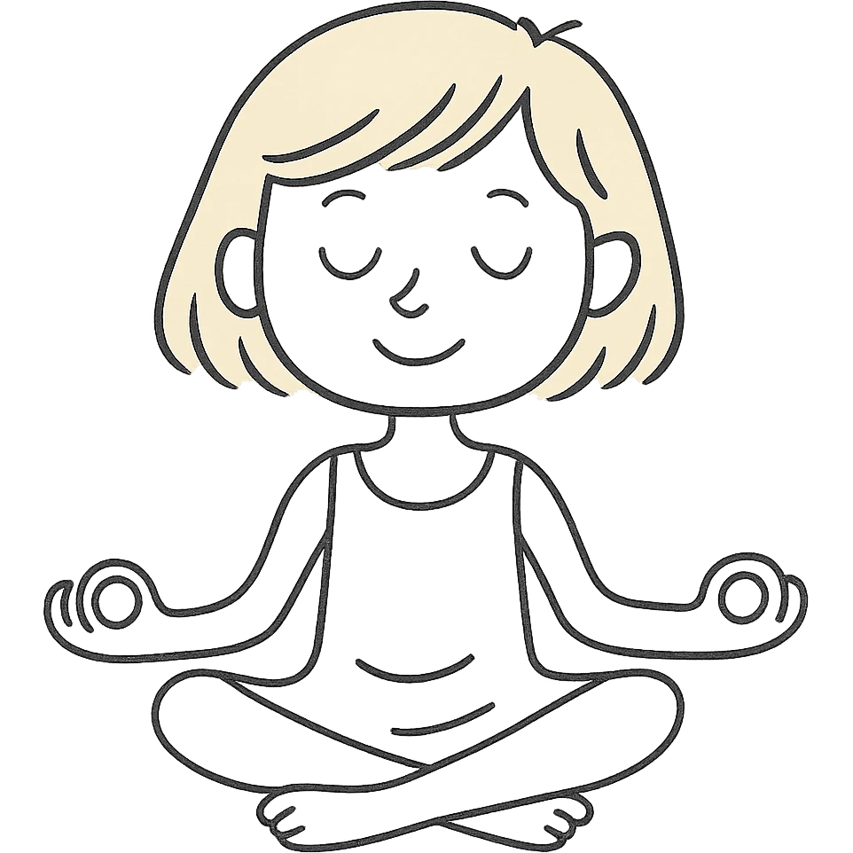 a blonde girl with a short haircut in a white dress sitting in a lotus position and meditating with a background emoji