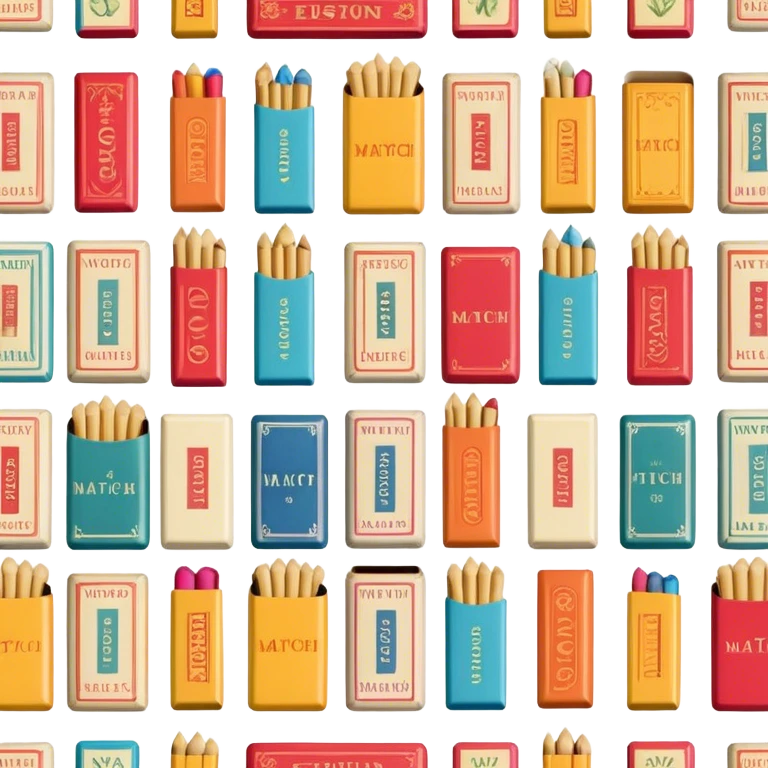 Icon for Matchbox Collecting: a collection of colorful vintage matchboxes arranged in a row, with the match tips visible on the sides. The icon should highlight the unique design and charm of the matchboxes from various places. Transparent background. emoji