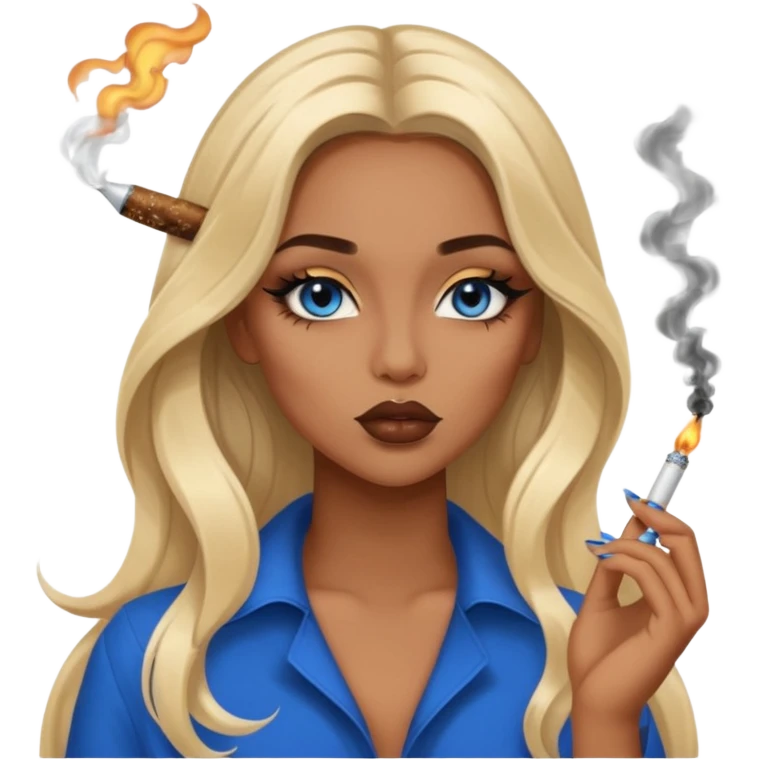 blonde balayage gorgeous girl blue eyes long hair with latina makeup smoking a cigarette and blowing smoke baddie winged eyeliner Long nails emoji