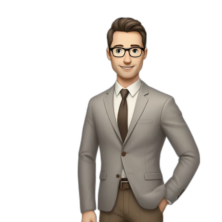 Pale skinned fit man with dark brown hair in gray jacket, beige office shirt, brown tie, brown pants and vintage glasses Writing text on the flipchart emoji