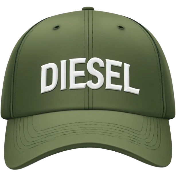 Deep army green Diesel cap, isolated hat with white handwritten Diesel text and the brand's logo below it, no human emoji
