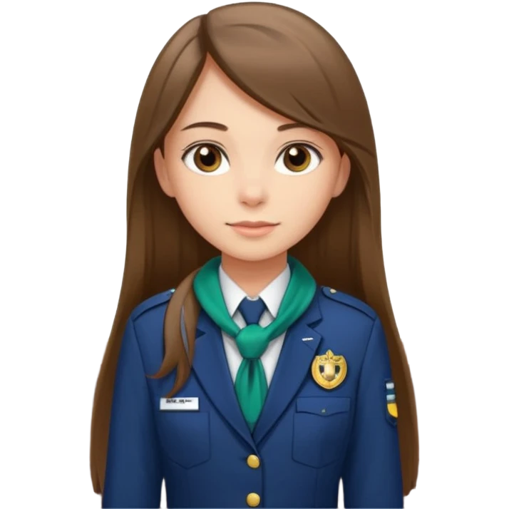 Young girl, long brown straight hair, wearing uniform jacket with hotel name badge, tasteful scarf, stand behind the desk

 emoji