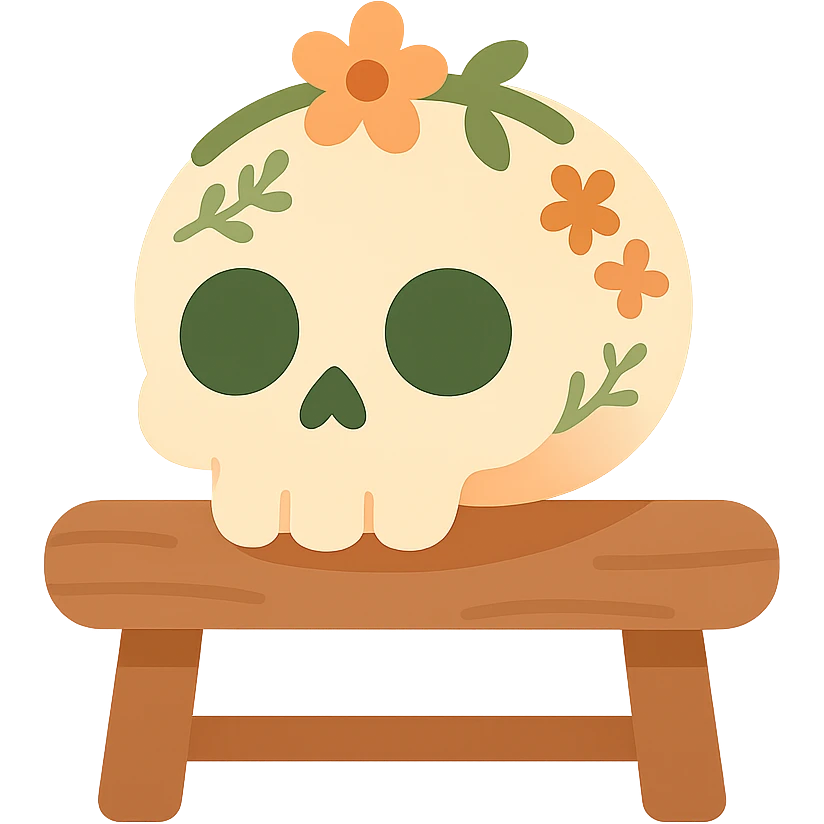 "A cute, whimsical skull resting gently on a wooden table, styled with a warm and soft color palette: golden orange (FA9B41), deep forest green (4A7C5C), muted taupe brown (96775A), and pastel peach (FFCC9A). The skull has rounded, friendly features and big, expressive eye sockets, giving it a sweet and non-threatening appearance. It is decorated with small floral or leafy patterns, and perhaps a tiny flower crown or ribbon in peach or green tones. The wooden table has a rustic charm, and the lighting is warm and magical, with gentle shadows and a cozy, storybook-like atmosphere. The overall scene feels enchanting, calm, and charming emoji