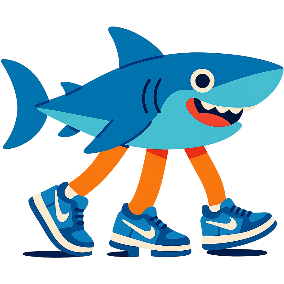 a stylized shark with three legs, each foot in a blue Nike tennis shoe, cheerful expression emoji