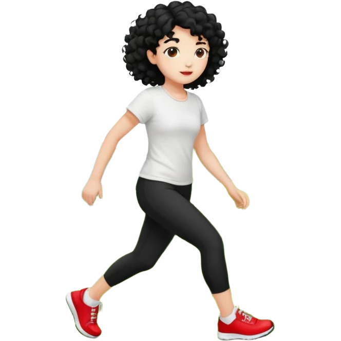 generate a pretty bratz fair skinned girl with curly black hair wearing a white tshirt trekking on a hill with red sneakers on and black leggings emoji
