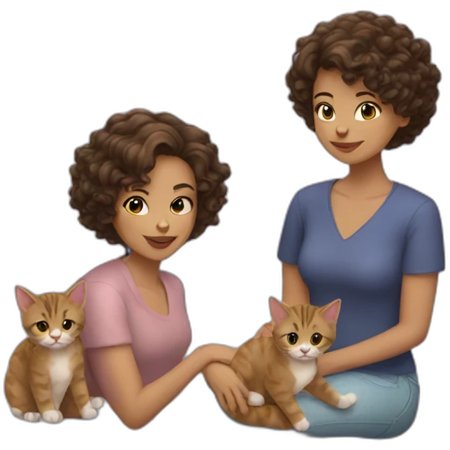 woman with brunette curly short hair playing with two cats emoji