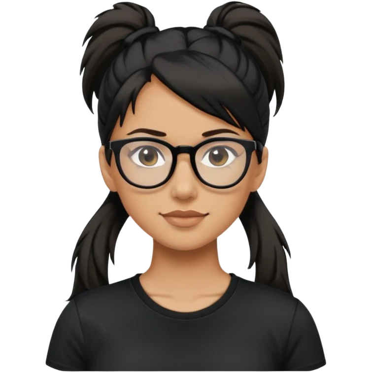 Woman with black high ponytail, glasses and black T-shirt emoji