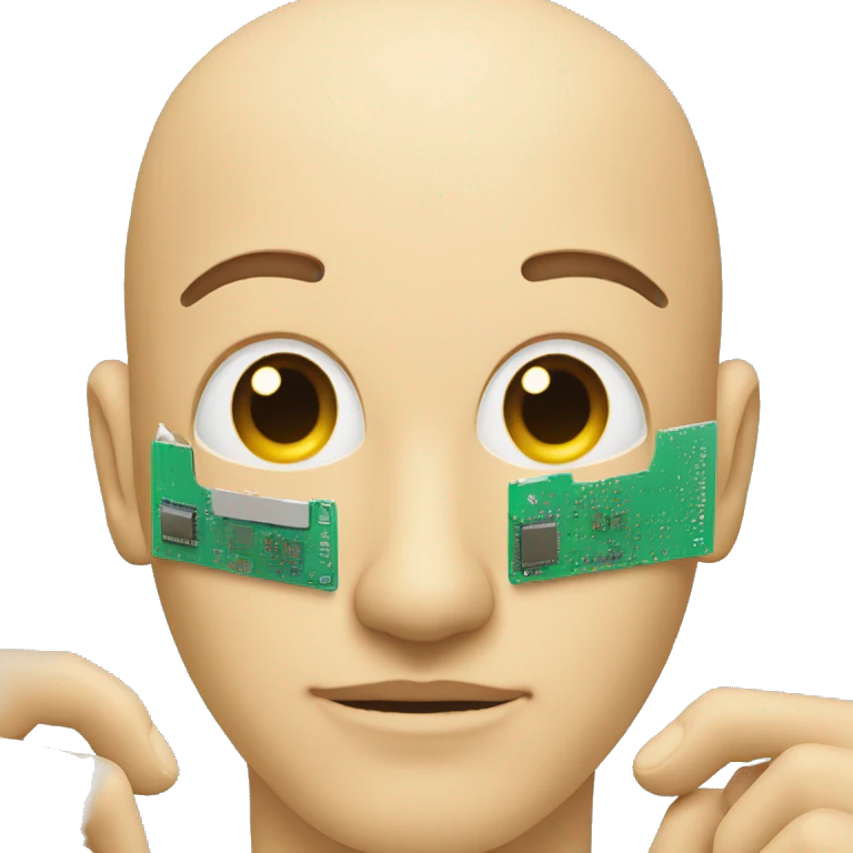 a man with half of his face tilted to the side, and microchips a inside emoji