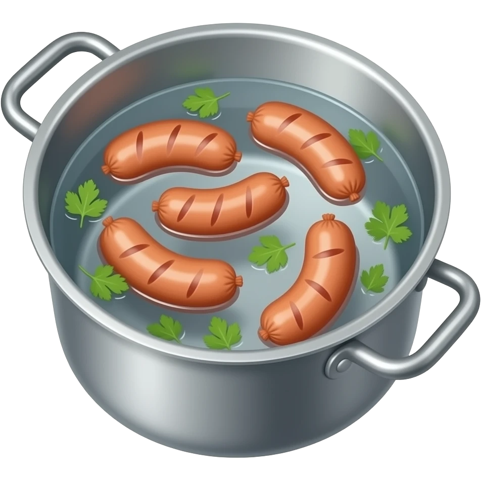 olla con agua y hojas pequeñas de cilantro, con salchichas enteras emoji