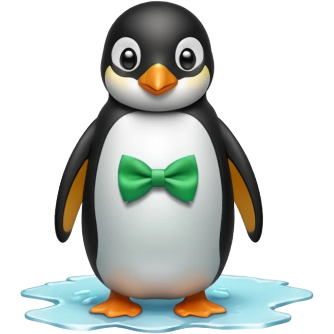 penguin, green bow tie, standing on small ice melting emoji